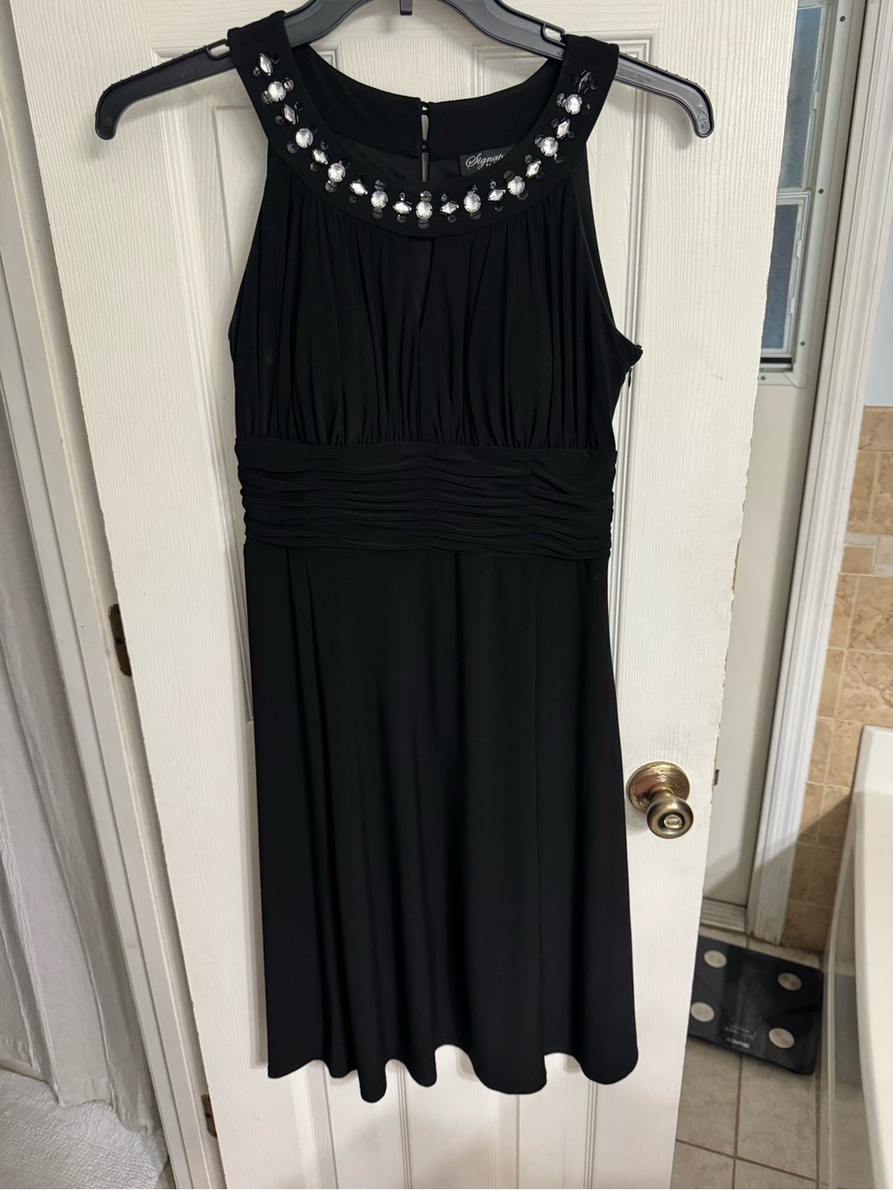 Signature by Sangria Black Sleeveless Midi Dress with Beaded Neckline